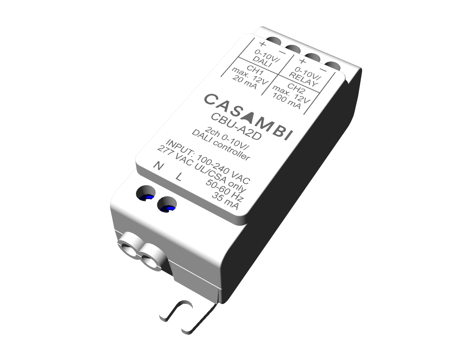 Contrôleur DALI 0-10V 2 canaux - contrôlable par Bluetooth avec tension d'entrée 100-277 VAC. Peut aussi être connecté à un capteur DALI pour la détection de mouvements et/ou des fonctions de d'adaptation à la lumière du jour. 